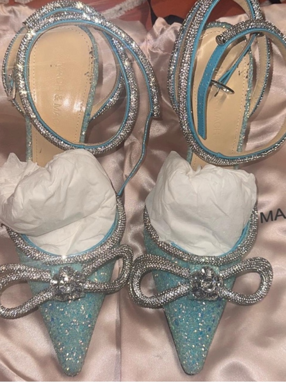 MACH & MACH Glitter Pointed-Toe Ankle-Strap Heels in Light Blue with Crystal Bow
